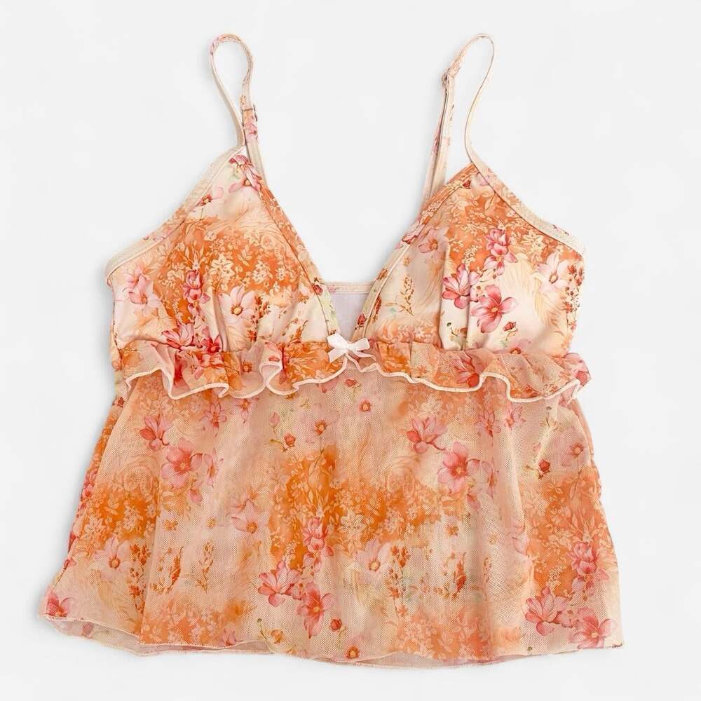 orange bikini top with floral print, ruffles, and bow